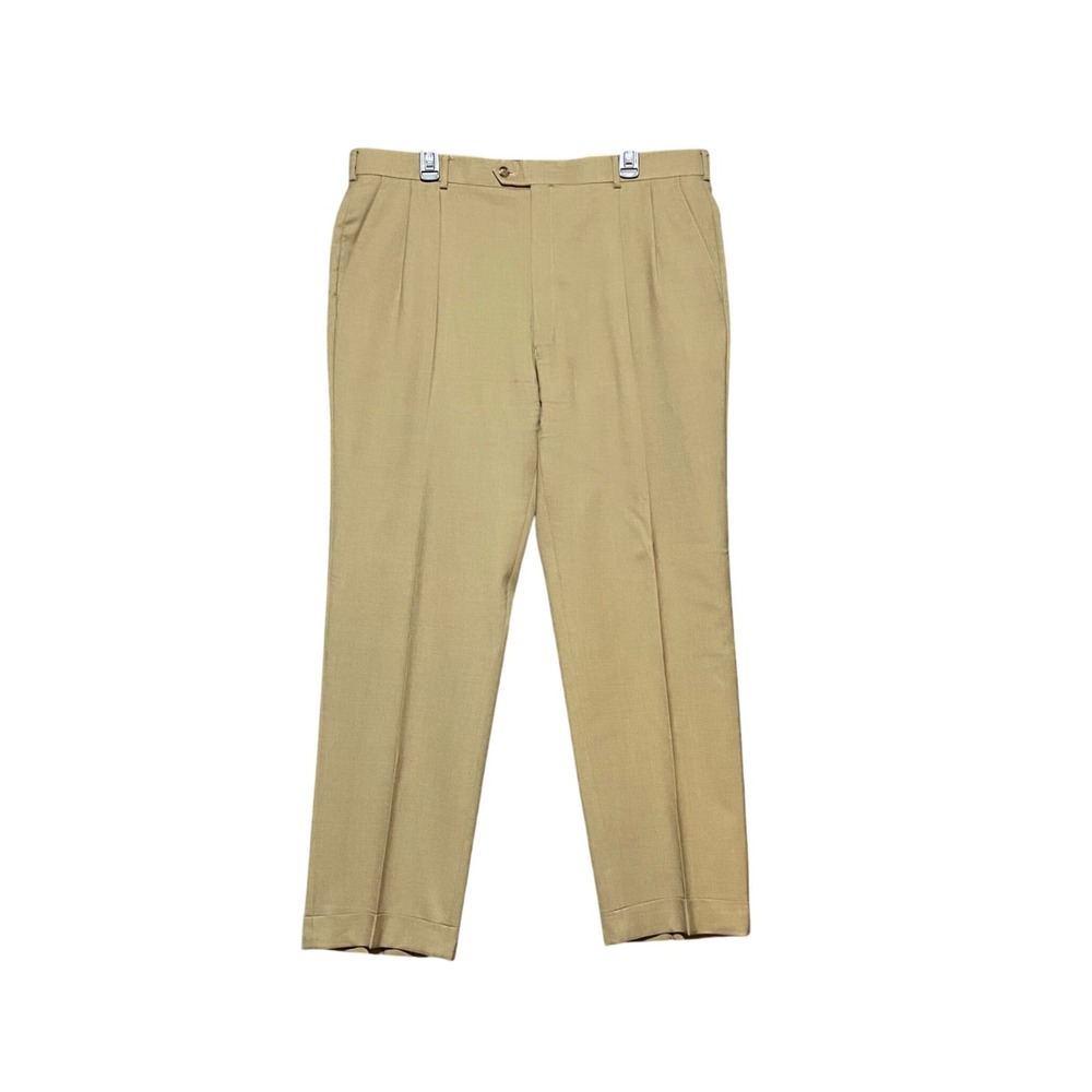 Jos A Bank Mens 40x30 Tan Khaki 100% Wool Pleated‎ Cuffed Dress Pants Trousers
